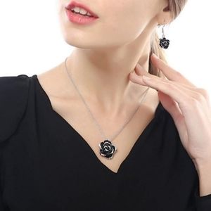 Camellia Rose Necklace Earrings Set Gothic Black Enamel Silver Rhinestone Goth